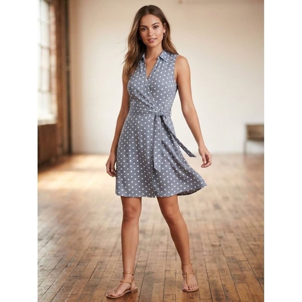 Grey Blue‎ White Polka Dot Tie Knit Wrap Dress XS